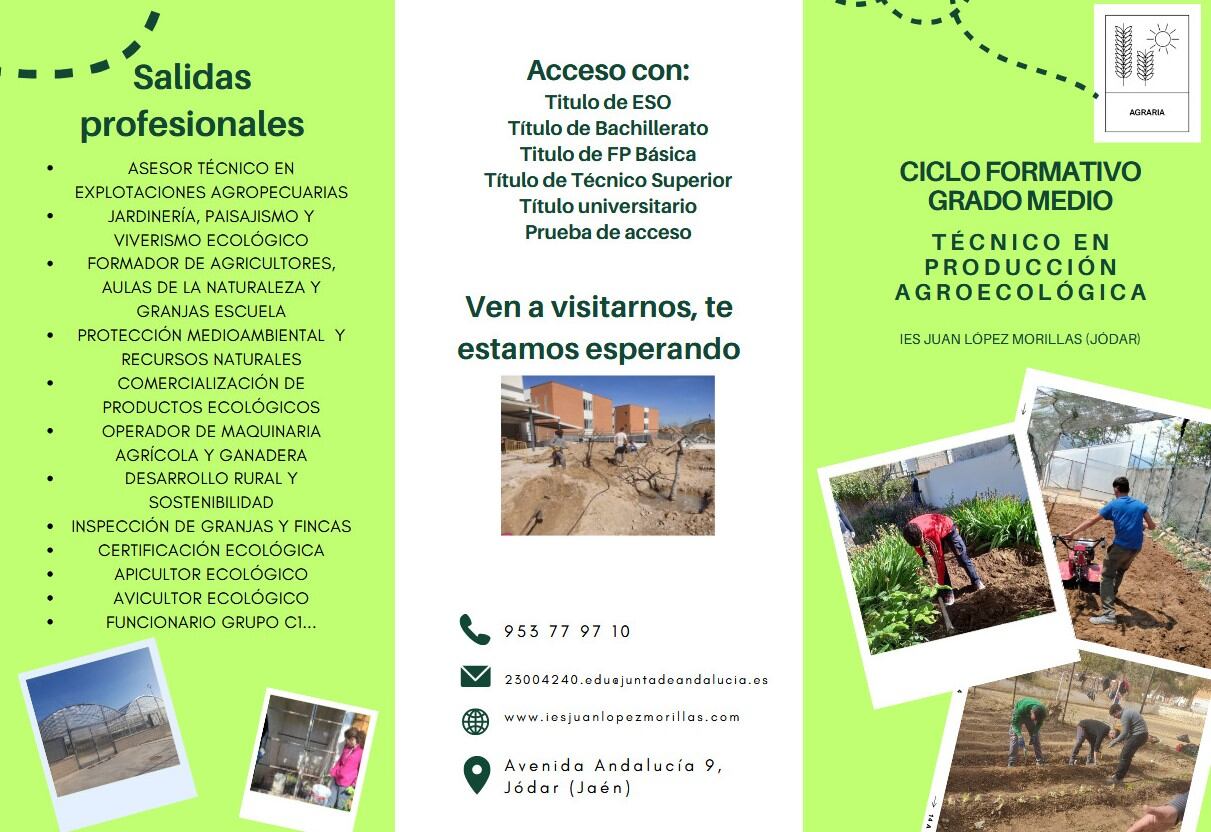 Díptico con información del ciclo de 'Producción Agroecológica' del IES 'Juan López Morillas de Jódar