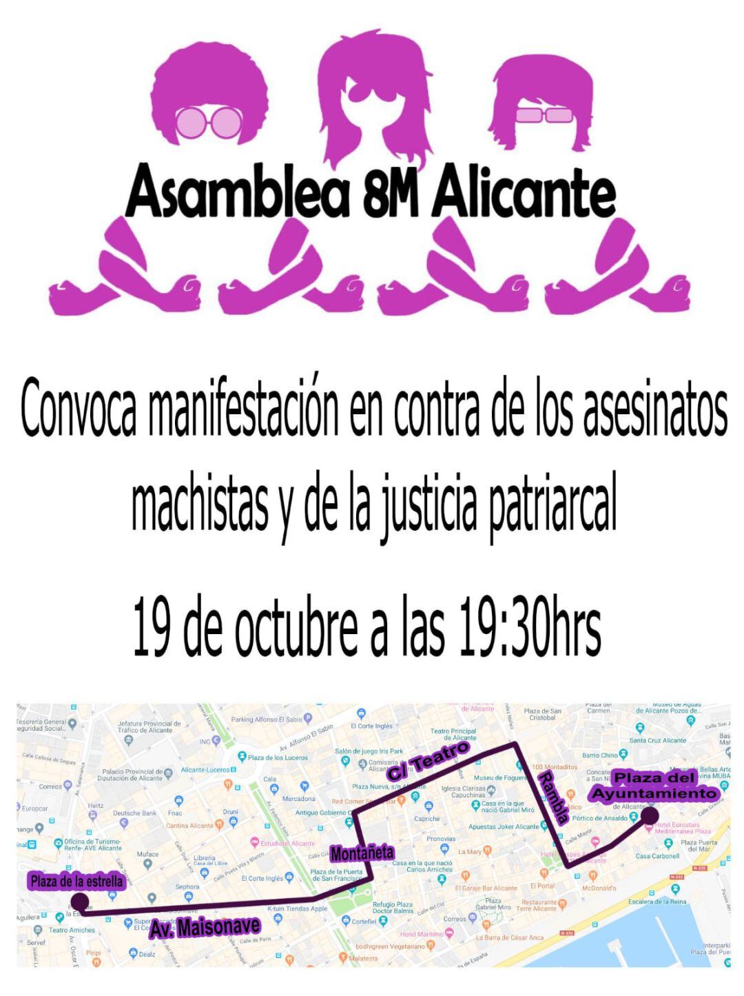 Cartel de la convocatoria a la manifestación, realizado por la Asamblea 8M Alicante.