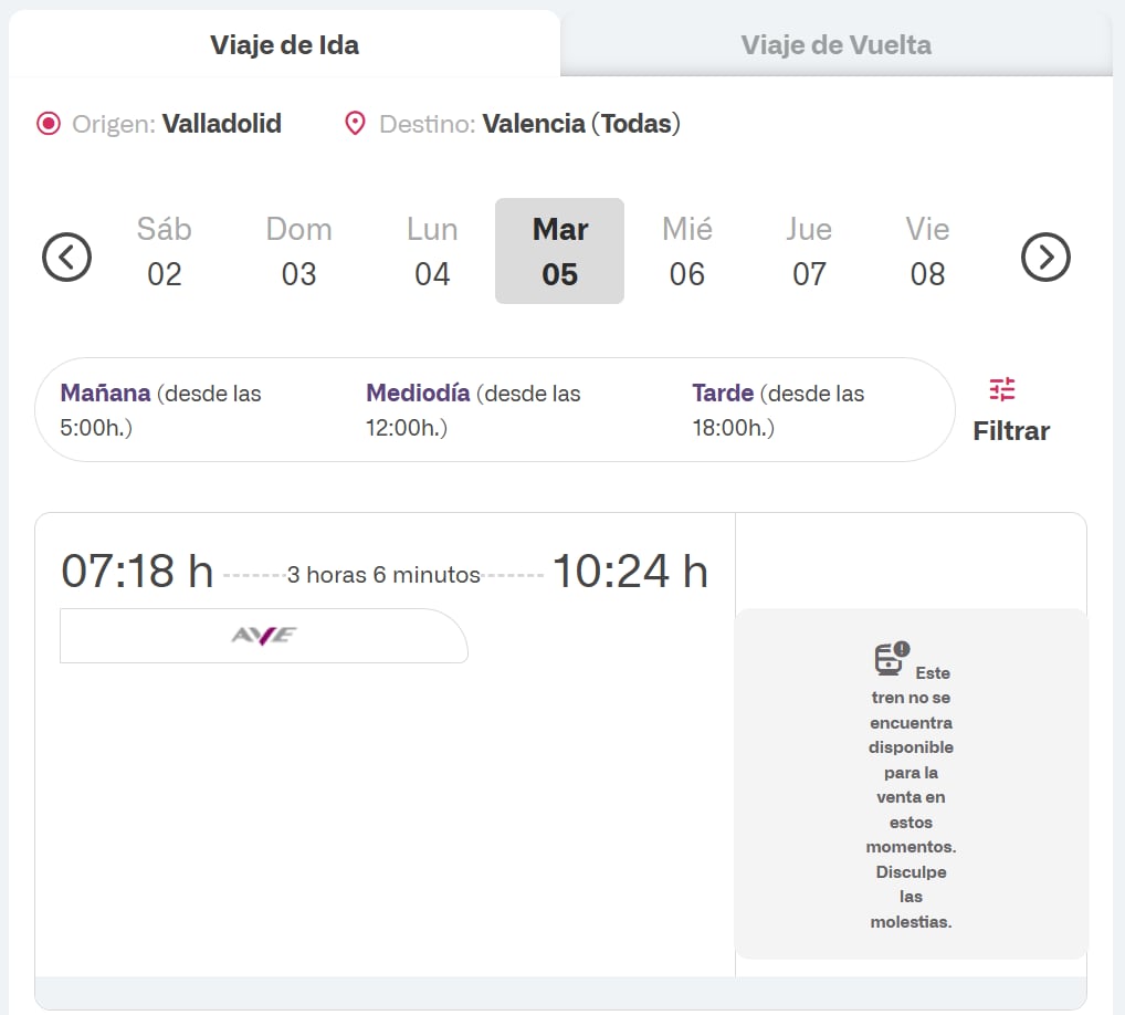 Web de venta de Renfe para la ruta el trayecto Valladolid-Valencia | Cadena SER