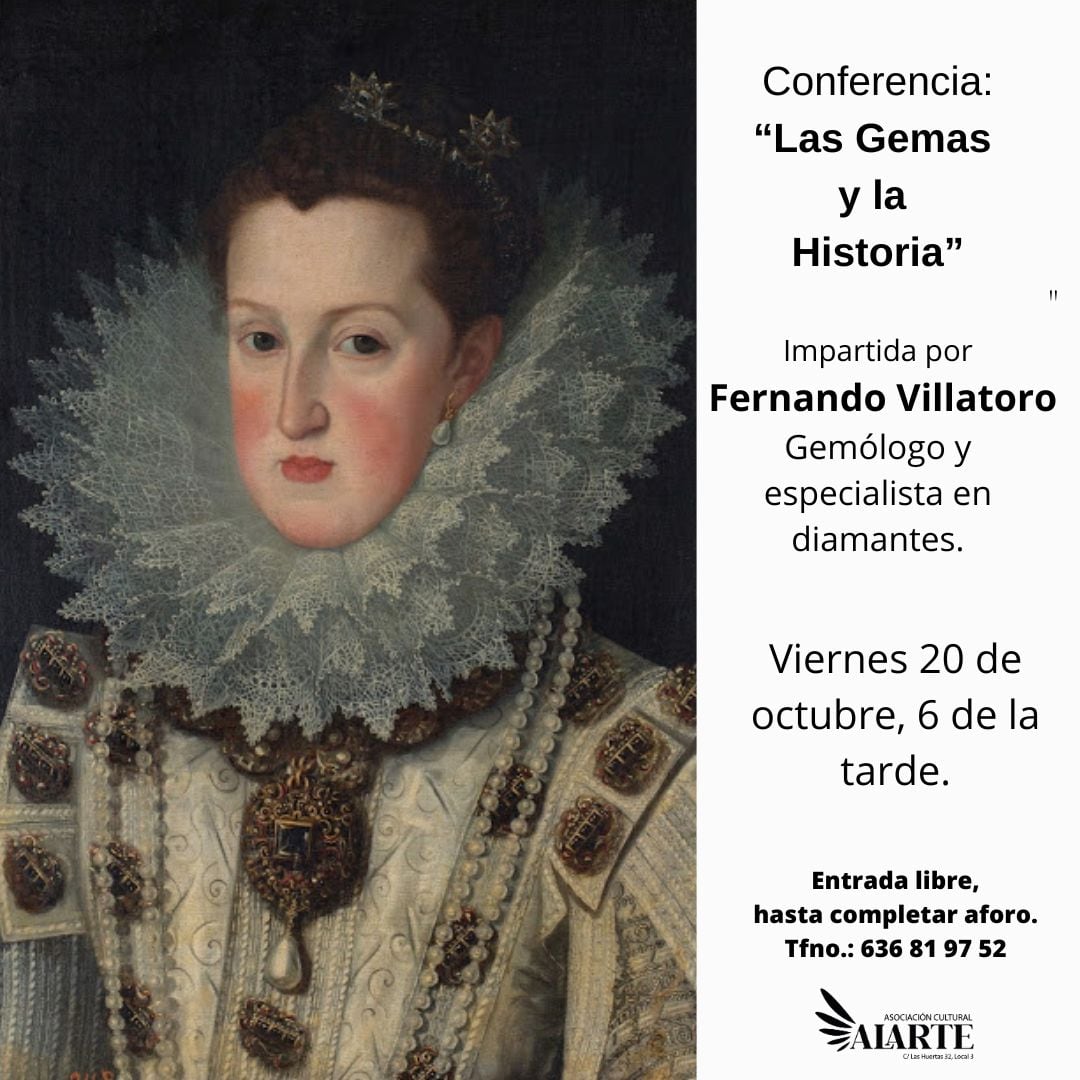 Cartel anunciador de la conferencia que impartirá Fernando Villatoro: &quot;Las gemas y la historia&quot;