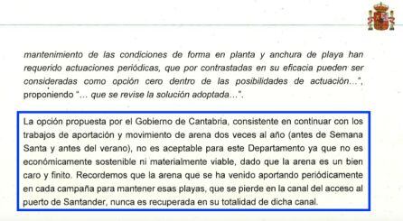 Fragmento de la carta remitida por Medio Ambiente el Ayuntamiento de Santander en el que explica que los rellenos de arena no continuarán si se descarta la construcción de los polémicos espigones.