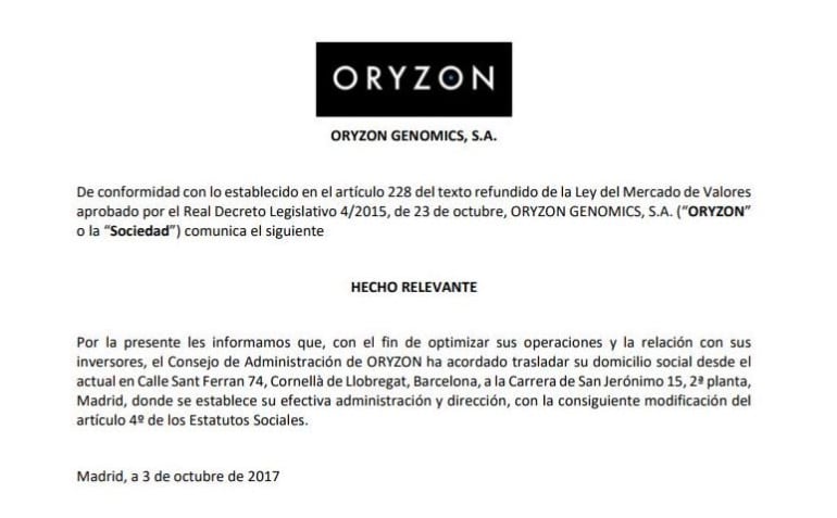 El comunicado que Oryzon ha hecho llegar a la CNMV