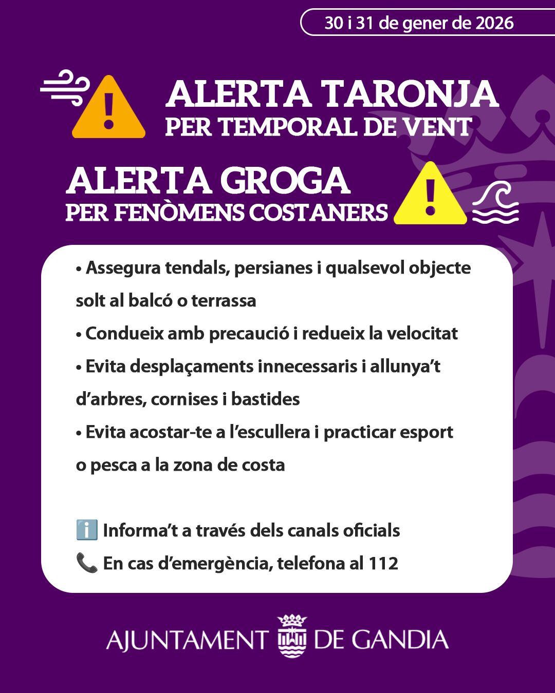 Recomendaciones ante la alerta naranja en Gandia.