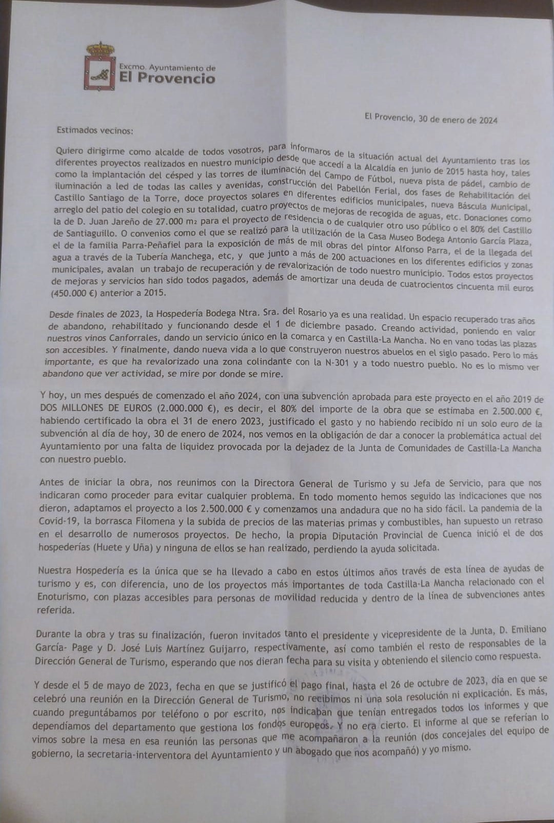 Carta que envió el Ayuntamiento de El Provencio a los vecinos explicando que perdían una parte de la subvención