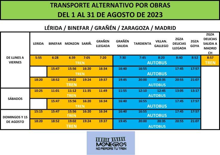 Horarios de bus alternativo tren en Huesca