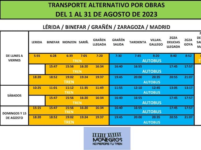 Horarios de bus alternativo tren en Huesca