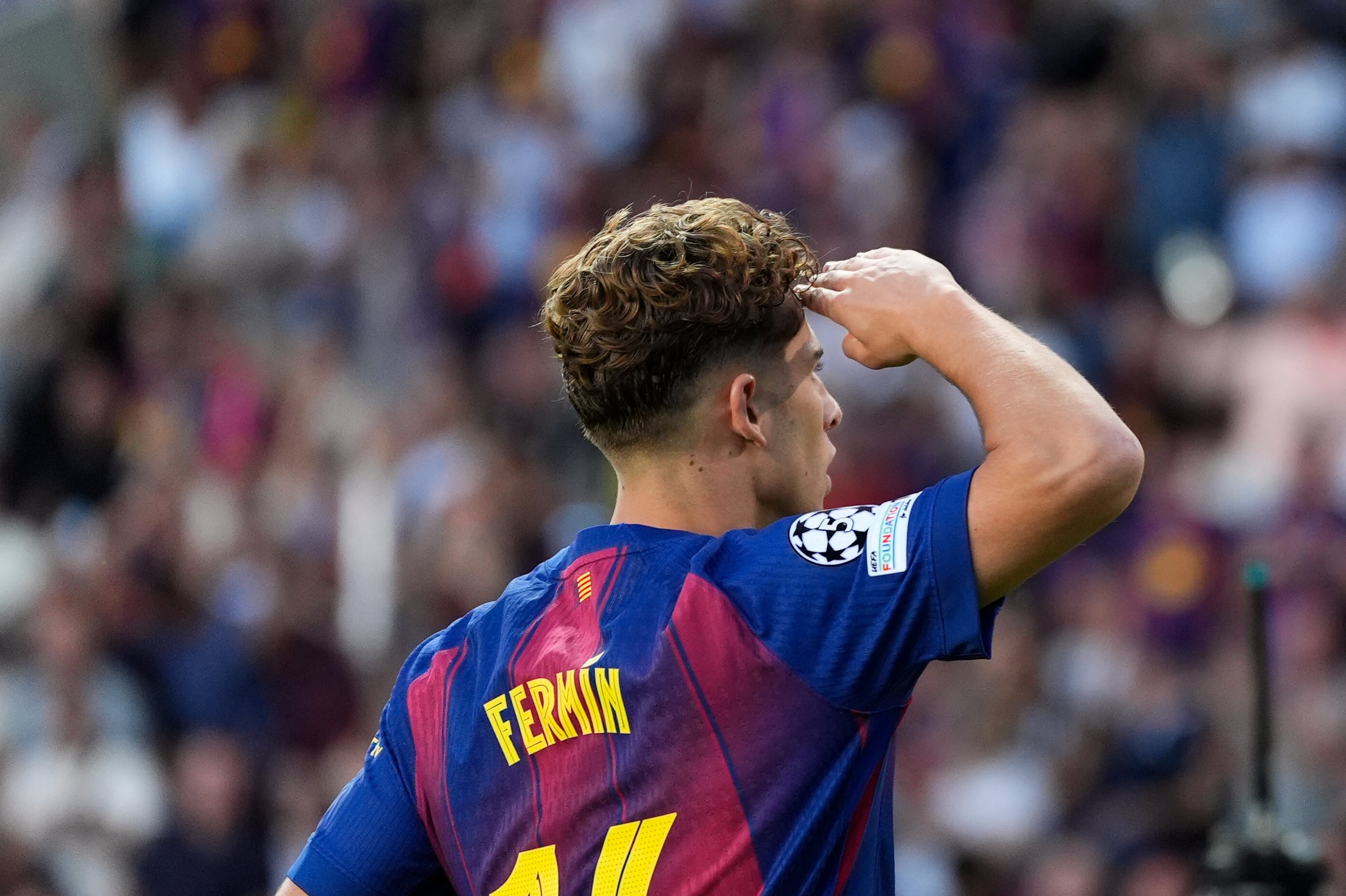 BARCELONA, 21/10/2025.- El centrocampista del Barcelona Fermín López celebra su gol contra Olimpiacos, durante el partido de la jornada 3 de la Liga de Campeones entre el Barcelona y el Olimpiacos, este martes en el Estadi Olímpic Lluís Companys.-EFE/ Siu Wu