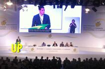 El líder del PSOE, Pedro Sánchez, durante su intervención en el IX Congreso Estatal de Unidad Progresista de la ONCE