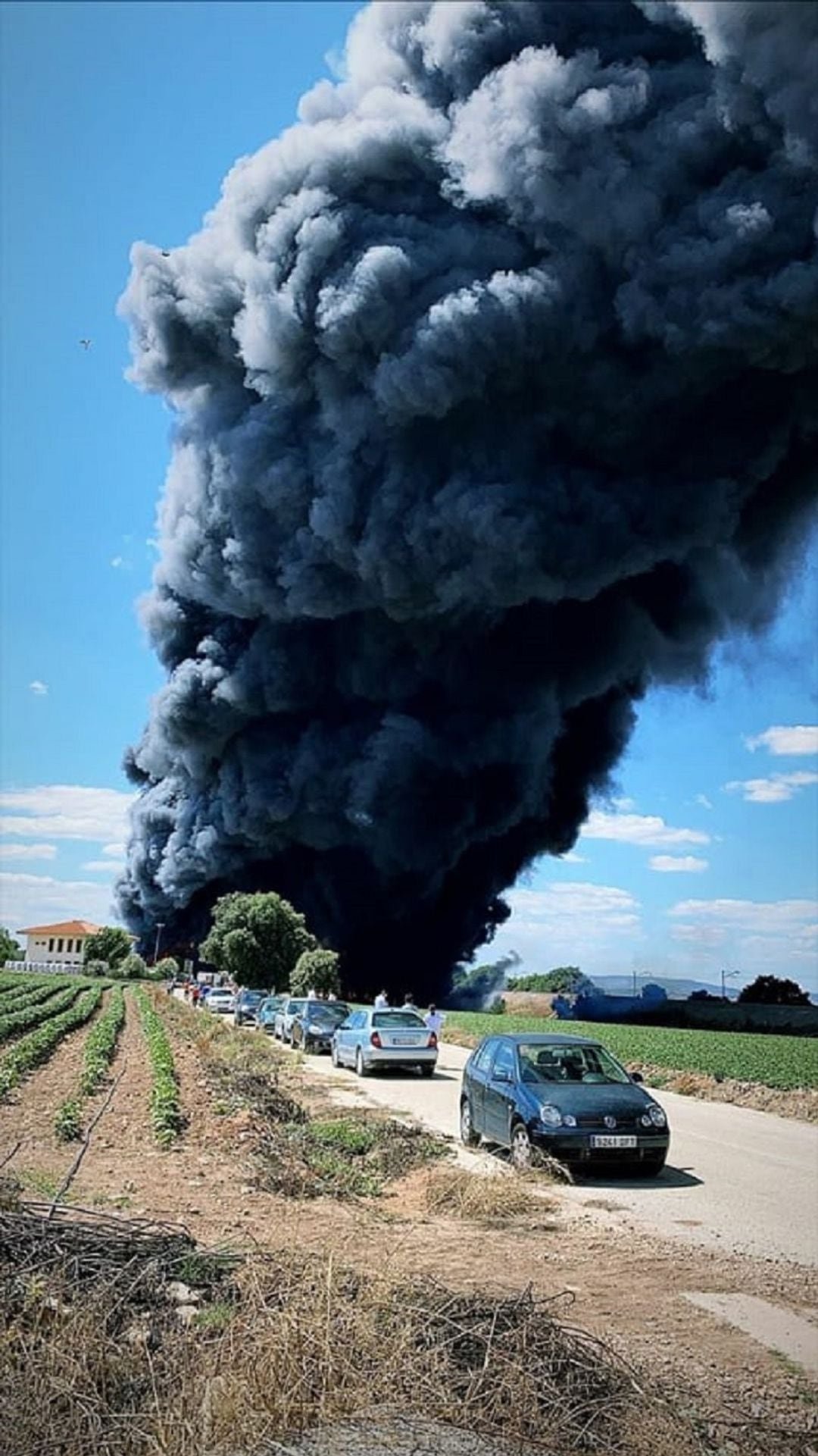 Humareda provocada tras el incendio en una nave de neumáticos en Espeluy.