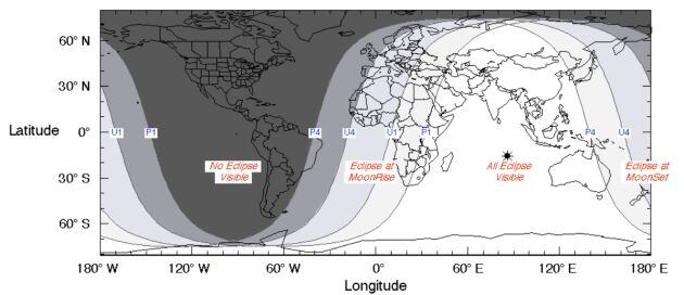 Zonas de visibilidad del eclipse lunar.