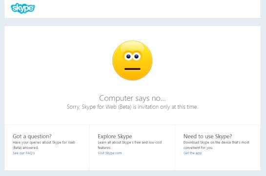 Mensaje de error de la versión web de Skype cuando se accede sin invitación