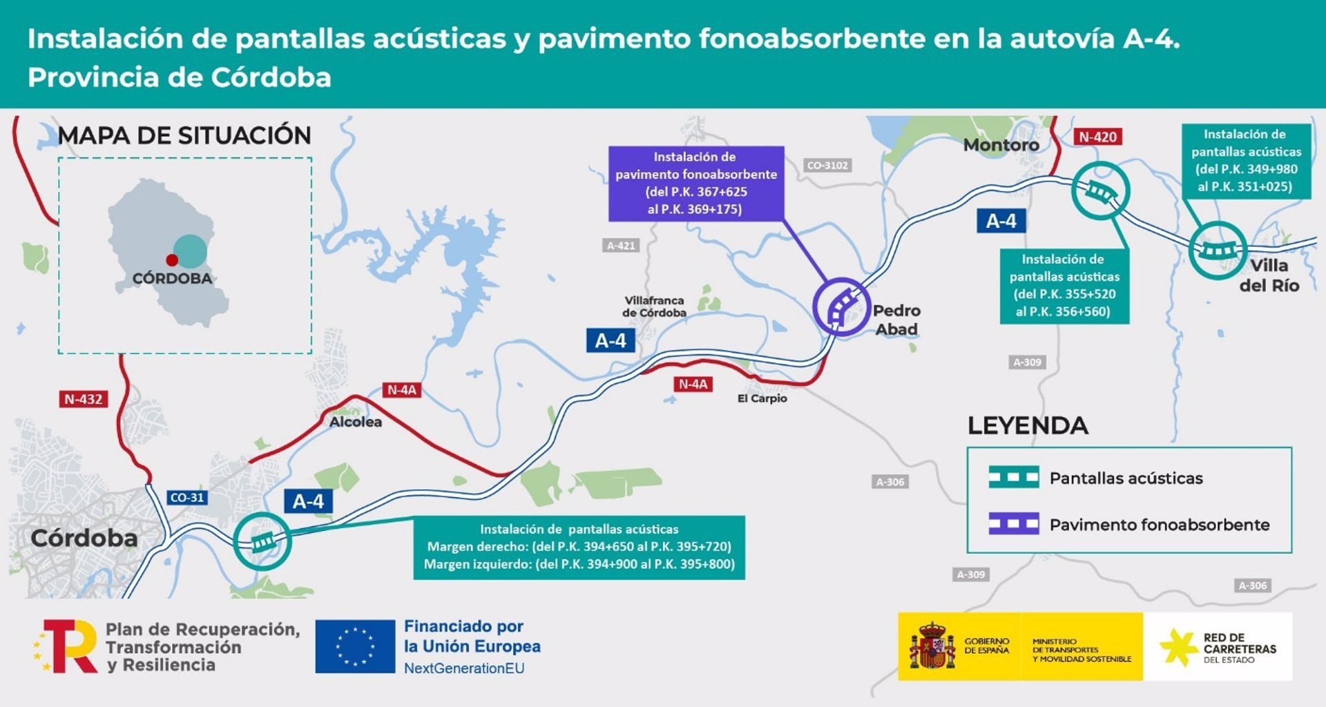 Mapa de las actuaciones previstas en la A-4 para la reducción de ruidos.