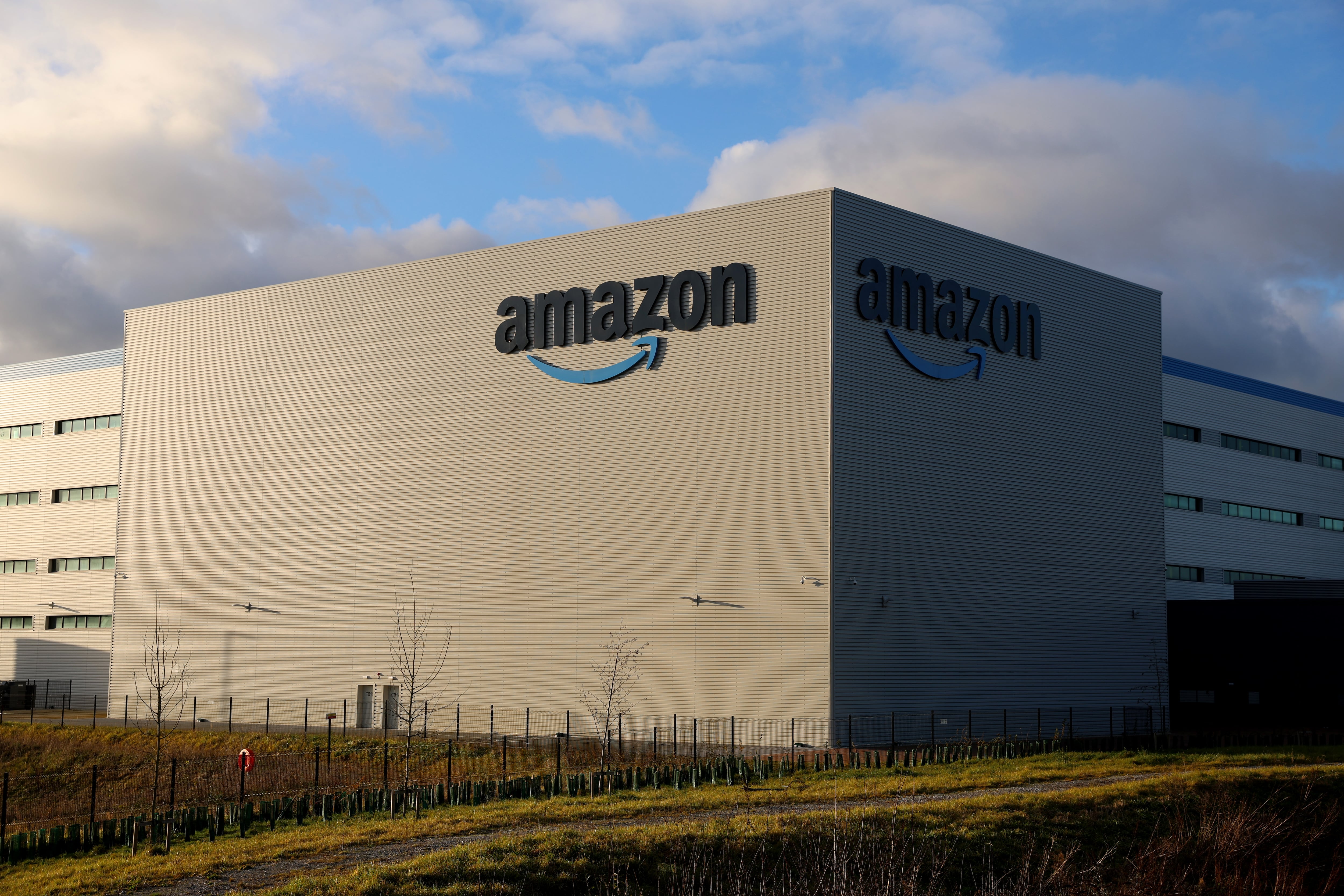 LEEDS, ENGLAND - DECEMBER 13: A general view outside an Amazon UK Services Ltd Warehouse at Leeds Distribution Park  on December 13, 2023 in Leeds, United Kingdom. (Photo by Nathan Stirk/Getty Images)