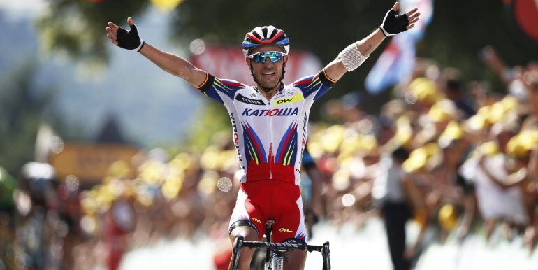 Joaquín Purito Rodríguez, del Katusha, celebra su victoria en la tercera etapa del Tour.