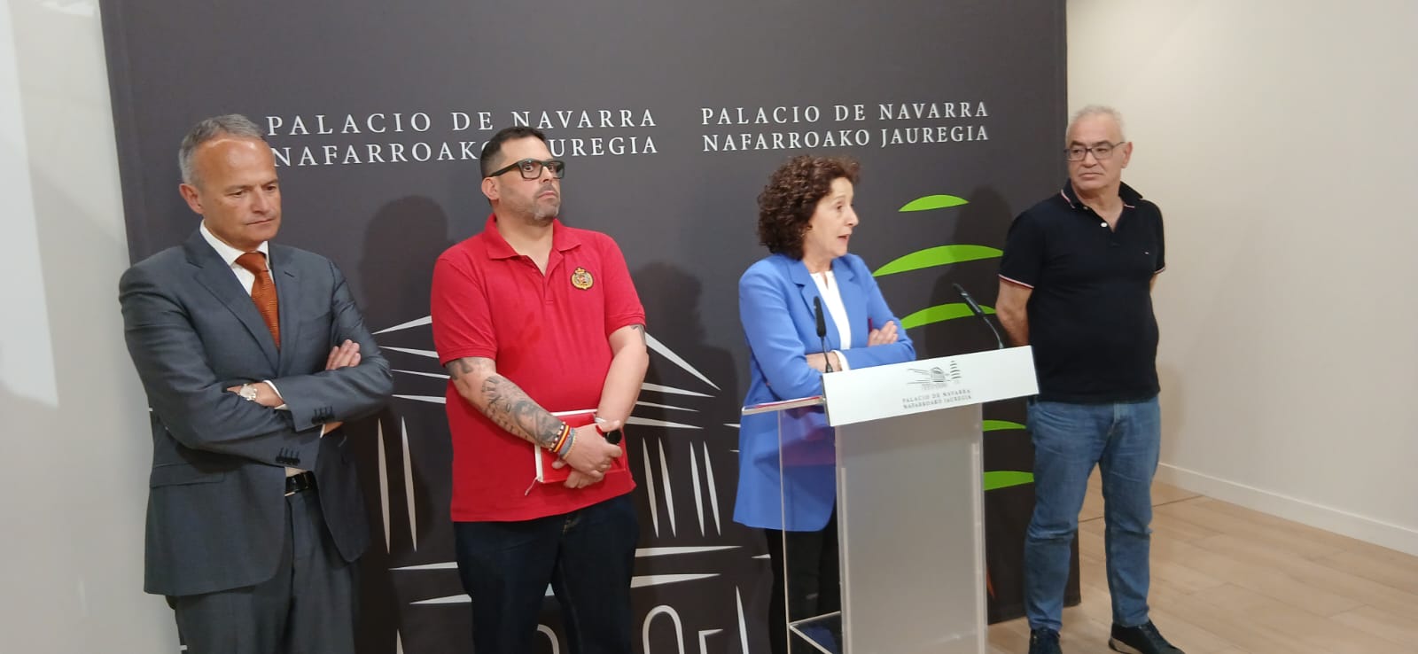 Representantes del Consejo de Diálogo Social (CEN, CCOO, Gobierno de Navarra, UGT) en la rueda de prensa posterior a la reunión.