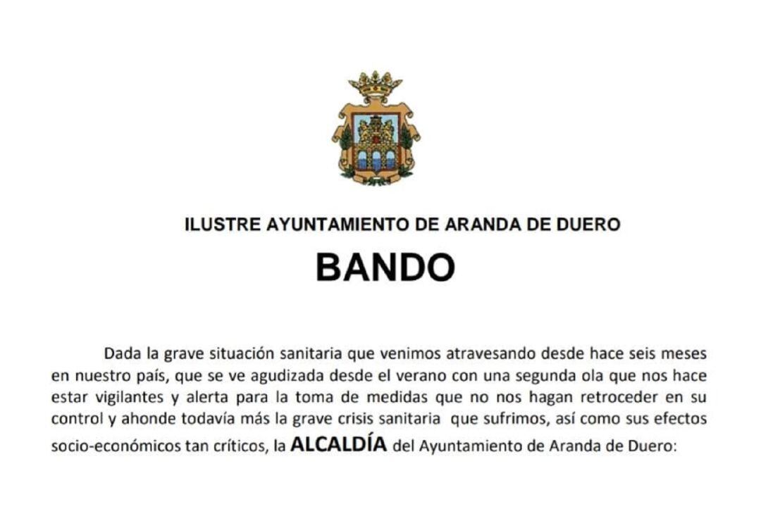 El bando emitido por el Ayuntamiento de Aranda de Duero para concienciar frente a la Covid-19.