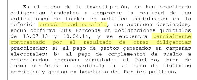 El juez da por confirmada la caja B y por &quot;parcialmente contrastado&quot; su uso en el &quot;pago de campañas electorales, complementos de sueldo y servicios en beneficio&quot; del PP