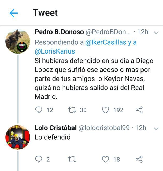 Ejemplo de conversación creada en los comentarios sobre el tuit de Casillas sobre Karius