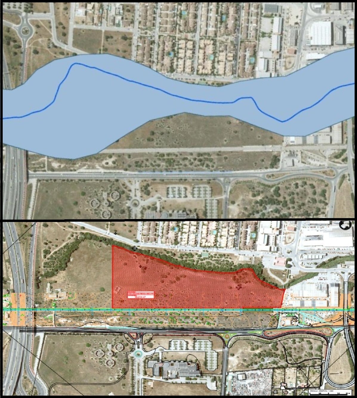 En la imagen superior aparece la zona inundable según la IDEIB y abajo el proyecto de SFM