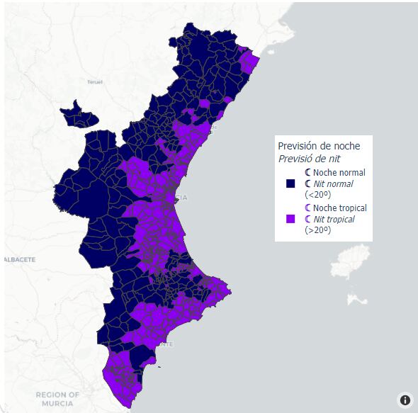 Previsión de noche tropical en la Comunitat Valenciana para la próxima madrugada.
