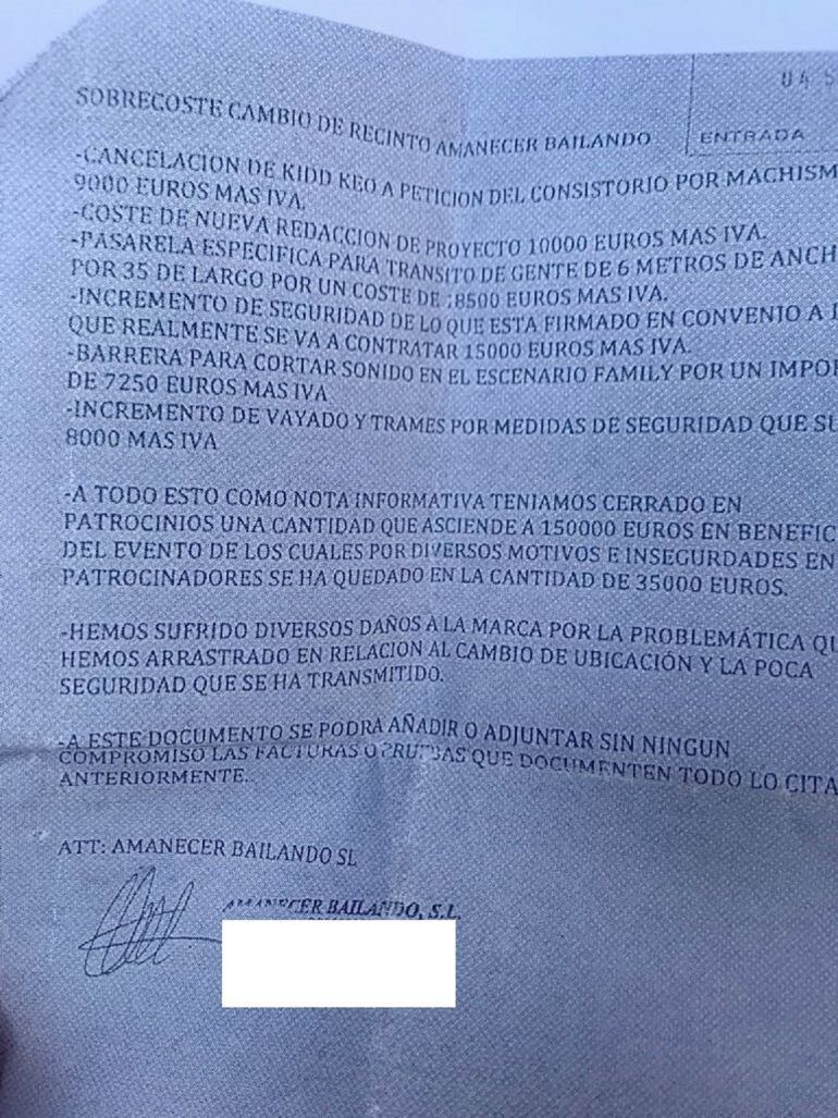 Documento de los organizadores del Festival Amanecer Bailando en el que reclaman al Ayuntamiento de Móstoles más de 50.000 euros por sobrecostes en el cambio de recinto