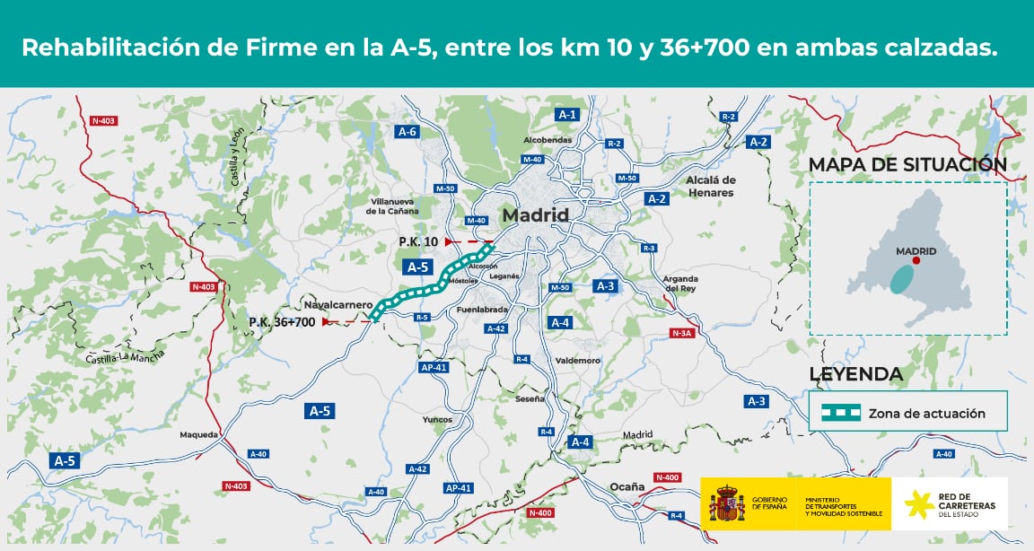 Mapa de la rehabilitación del firme de la A-5 a su paso por Alcorcón, Móstoles y Navalcarnero