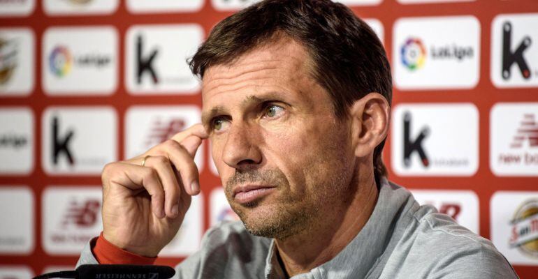 El entrenador del Athletic, José Ángel Ziganda, durante la rueda de prensa ofrecida en la víspera del partido de liga que les enfrenta el domingo ante el Villarreal en San Mamés