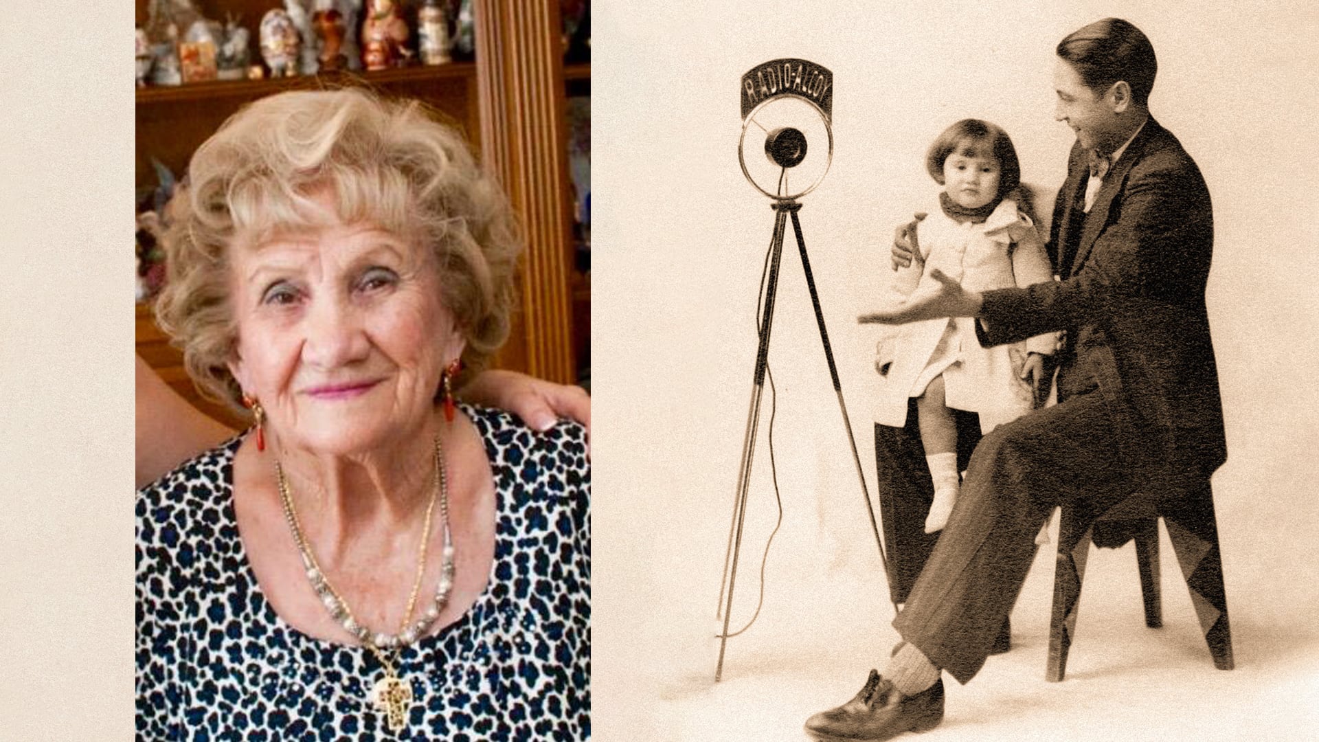 Conchi Raduán López, propietaria de Radio Alcoy, en una imagen reciente, junto a la del libro del 75 aniversario en cuya portada aparece de pequeña