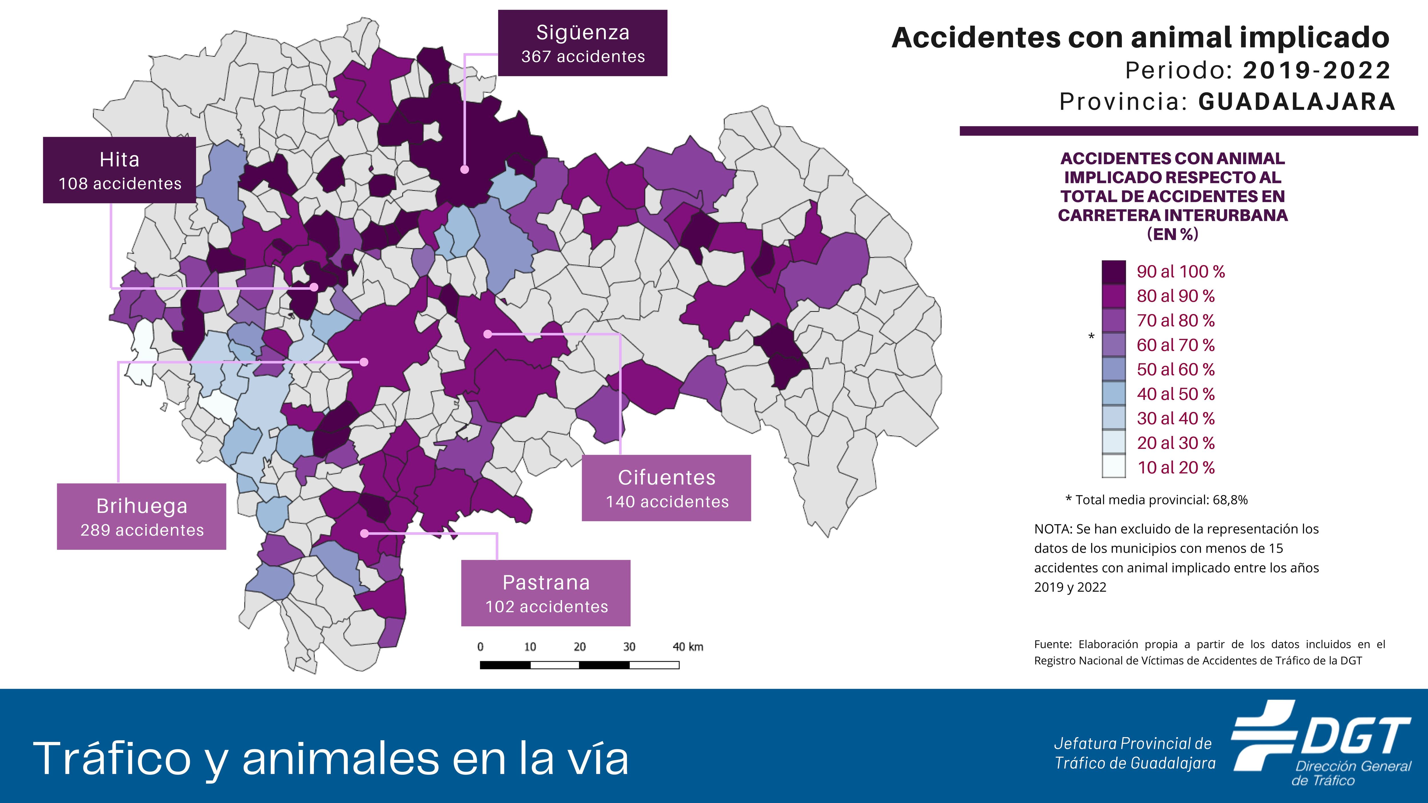 Mapa provincial con las zonas más peligrosas por animales en carretera/DGT