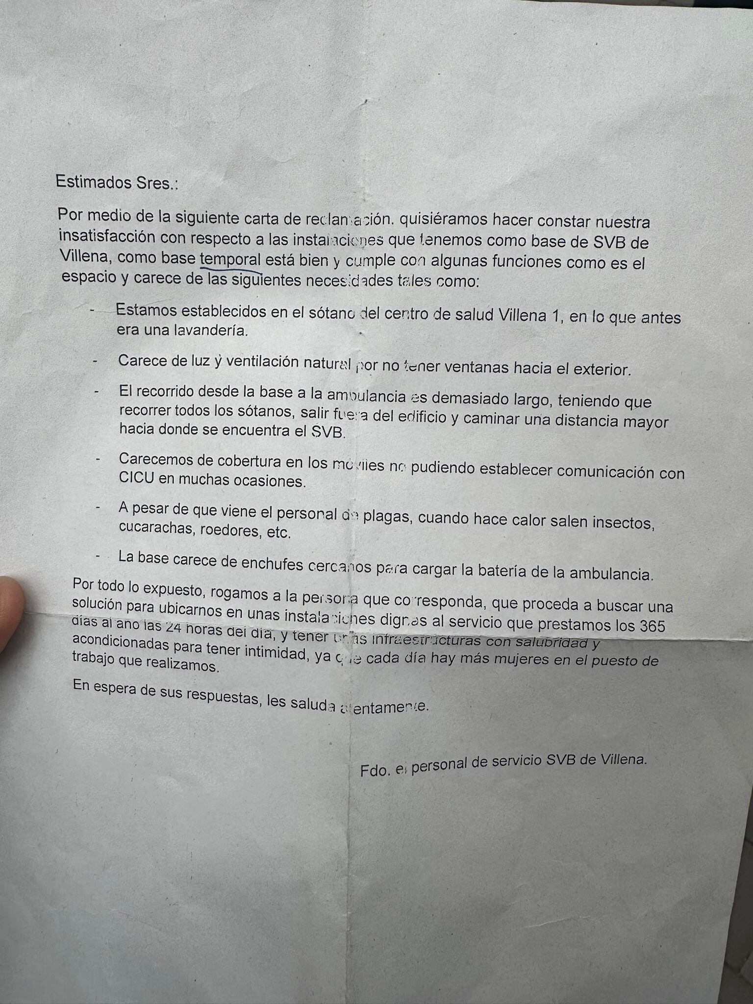 Carta enviada al Ayuntamiento
