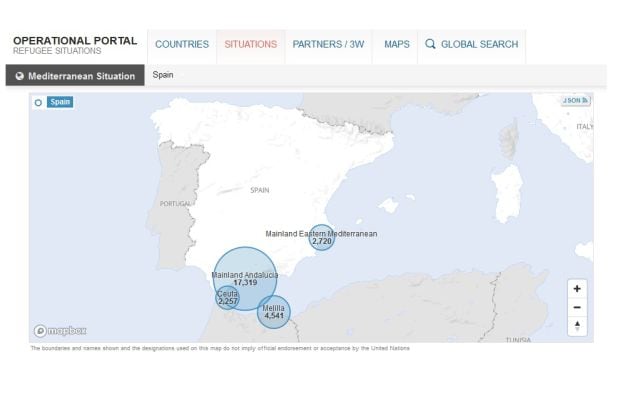 Mapa de datos de ACNUR sobre la llegada de migrantes y refugiados a la frontera sur española