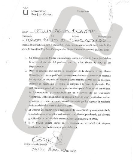 Documento de condiciones para recibir la paga por docencia en el máster de Cifuentes.