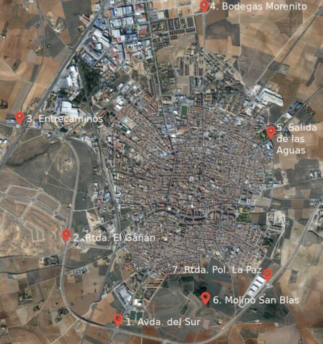 Mapa de la situación de los diferentes lectores de matrículas en Valdepeñas (Ciudad Real)