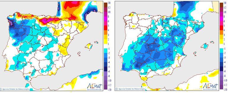 Variación de temperaturas máximas en la Península y Baleares para el jueves y el viernes.