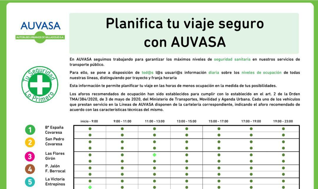 Información facilitada por AUVASA sobre la demanda en sus líneas