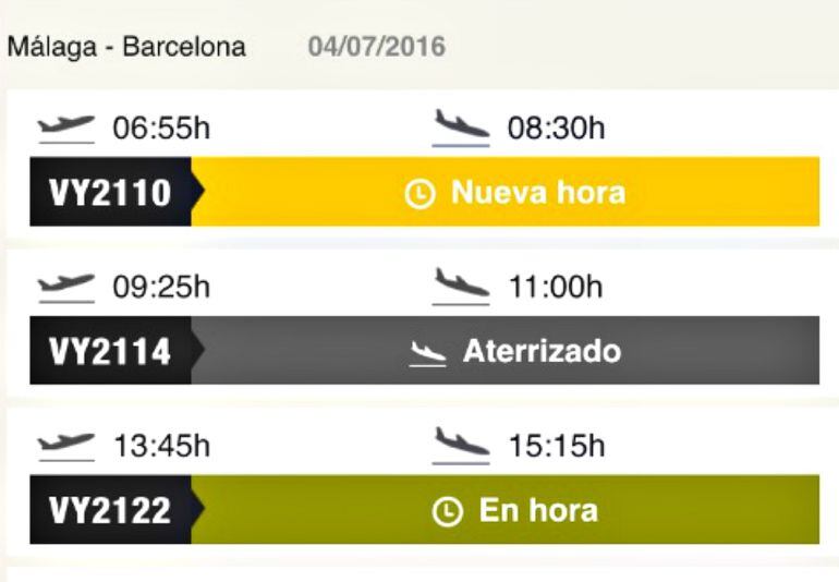 Información sobre la situación de los vuelos de la compañía Vueling entre Málaga y Barcelona a través de internet