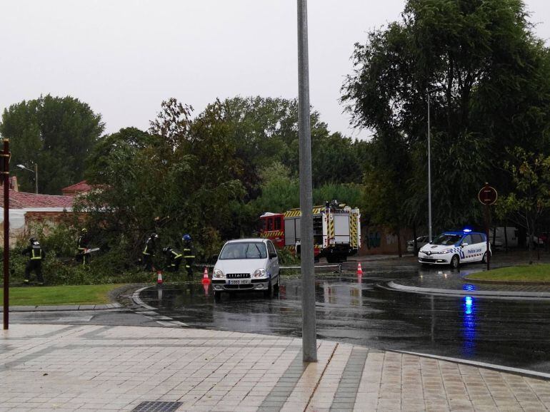 Imagen de la rotonda de Allende el Río con los bomberos actuando