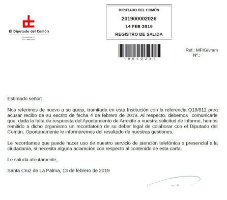 Respuesta del Diputado del Común que asegura haberle recordado al Ayuntamiento: &quot;su deber legal&quot; de colaborar con la institución.