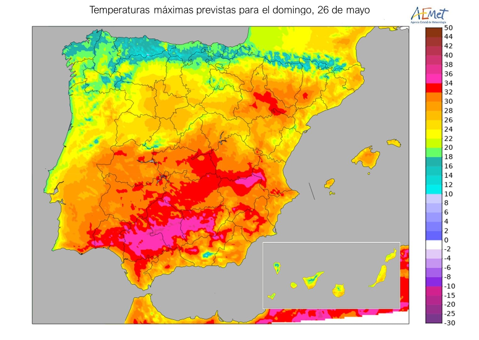 El domingo podrán alcanzarse o superarse incluso los 32 a 34 grados en algunas zonas.