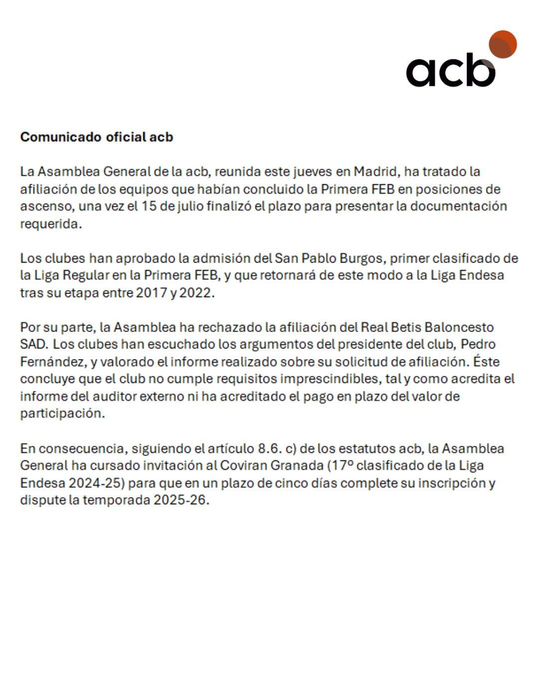 Notificació de l'ACB sobre la denegació de l'ascens del Betis.