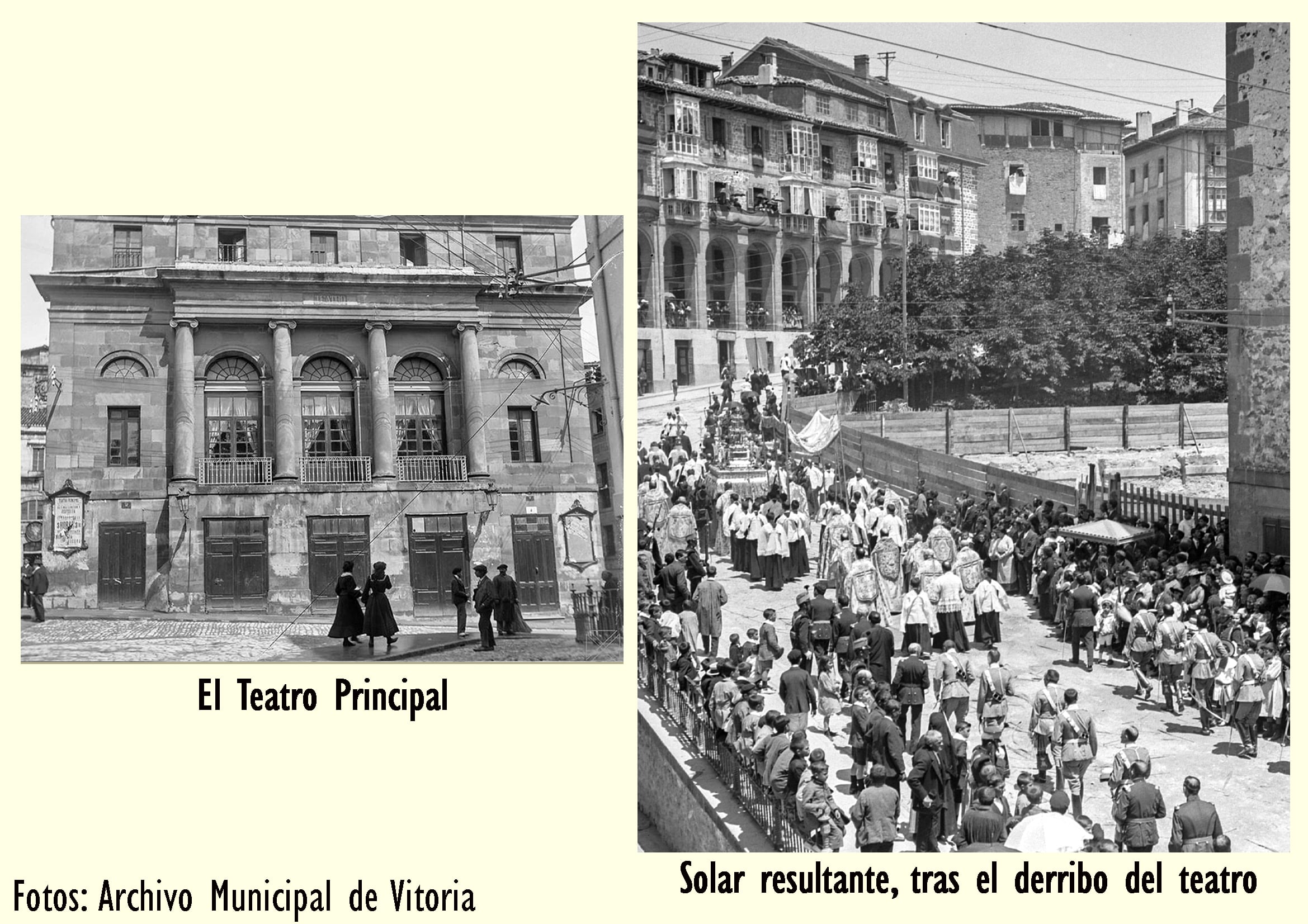 El Teatro Principal y el solar tras su derribo / Archivo Municipal de Vitoria