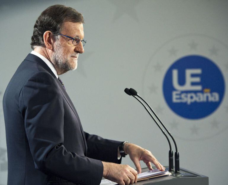 -FOTODELDIA-  GRA219. BRUSELAS, 29062016.- El presidente del Gobierno español en funciones, Mariano Rajoy, durante la rueda de prensa tras la reunión del Consejo Europeo celebrado en Bruselas. Rajoy ha rechazado hoy una posible negociación separada de Esc