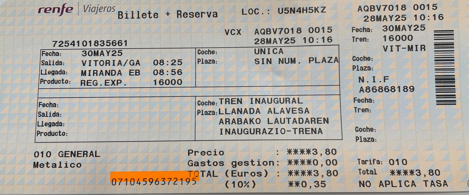 Billete del viaje inaugural del Cercanías de la Llanada alavesa