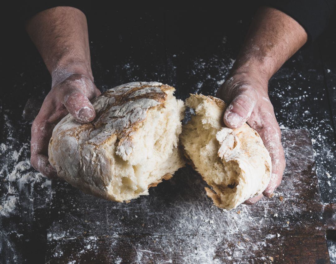 Hogaza de pan en las manos de un maestro panadero