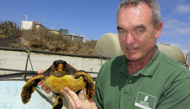 El biólogo jefe del Centro de Recuperación de Fauna Silvestre del Cabildo de Gran Canaria, Pascual Calabuig, muestra a "Madonna".