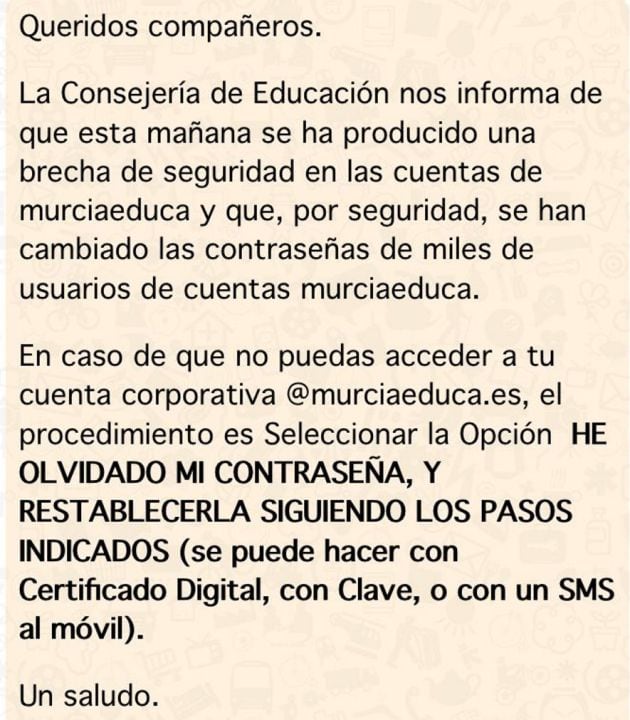 Mensaje que los directores de los centros educativos han enviado a sus plantillas