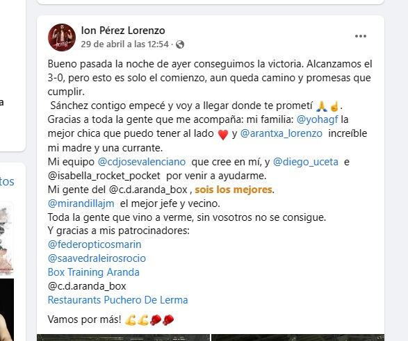 Así se expresaba en su cuenta de facebook, el propio Ion Pérez, tras su triunfo en el Huerta del Rey