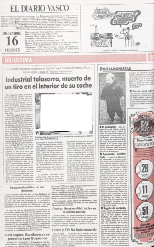 Última del &#039;Diario vasco&#039; informando de asesinato de Patxi Arín