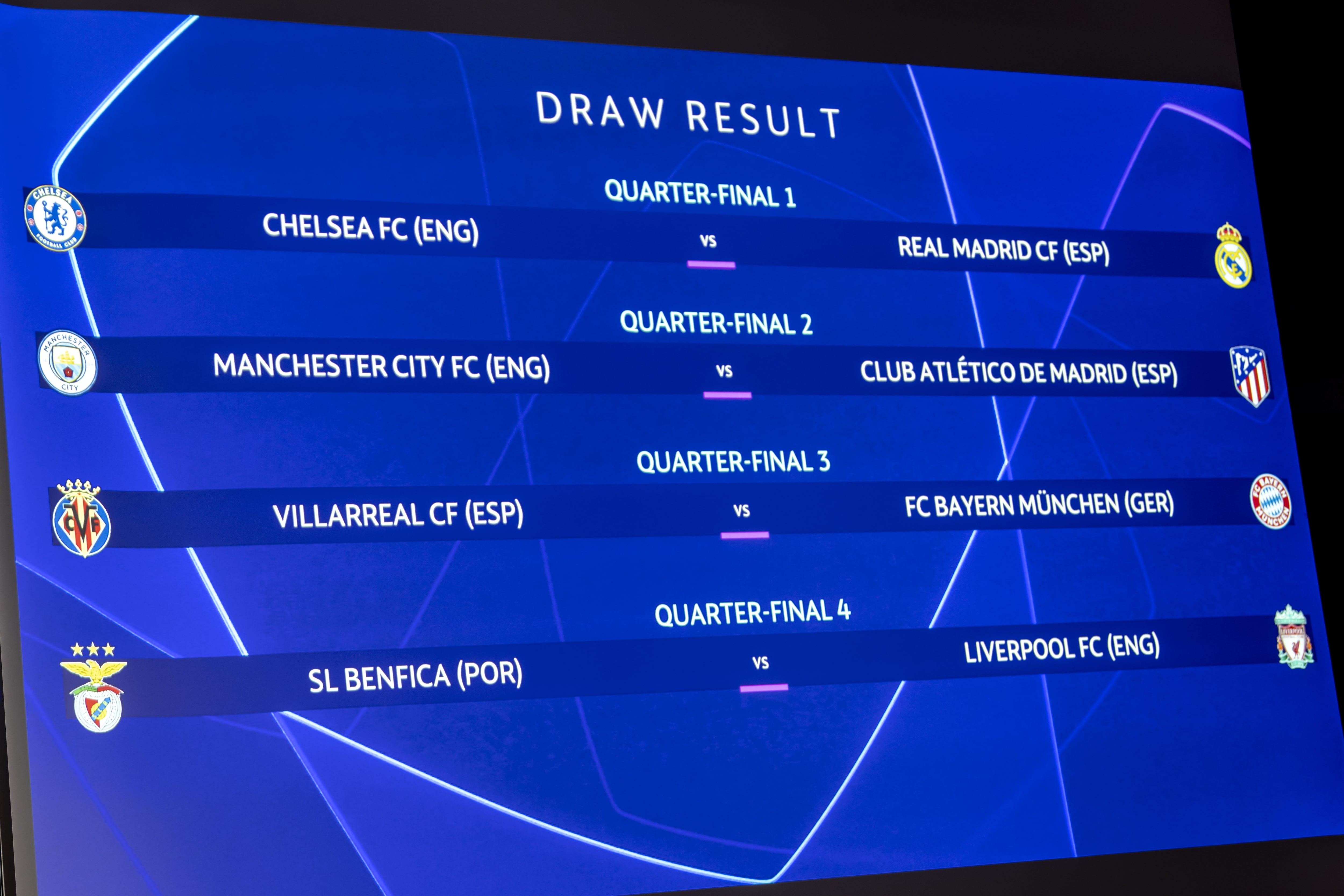 Nyon (Switzerland Schweiz Suisse), 18/03/2022.- The match fixtures are shown on an electronic panel during the UEFA Champions League 2021/22 quarter-finals and semi-finals draw at the UEFA headquarters, Nyon, Switzerland, 18 March 2022. (Liga de Campeones, Suiza) EFE/EPA/MARTIAL TREZZINI
