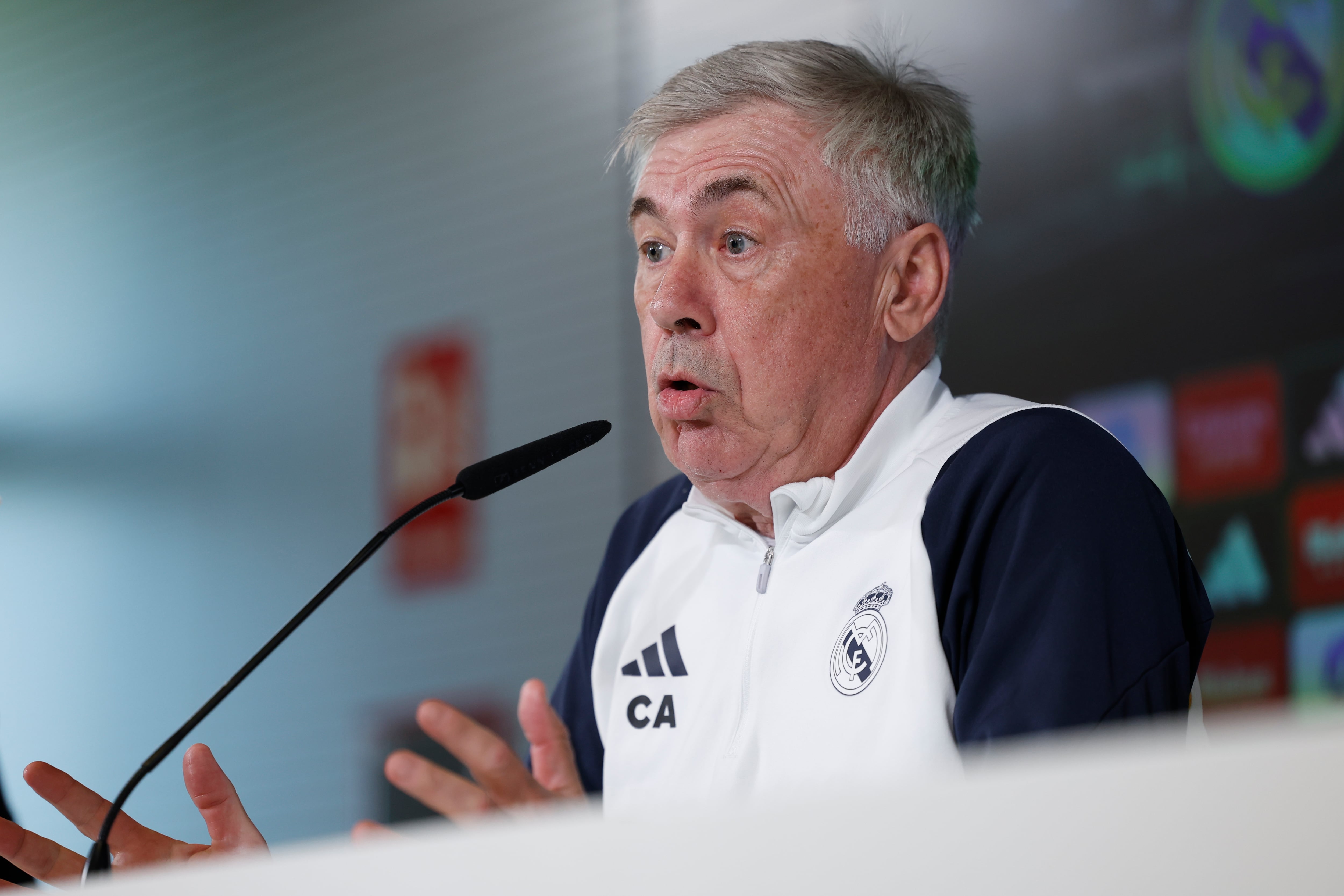 El entrenador del Real Madrid Carlo Ancelotti durante la rueda de prensa previa al partido de LaLiga contra el Mallorca.